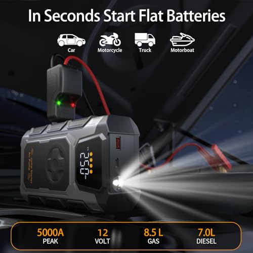 Portable Car Battery Jump Starter with Air Compressor 5000A 12V Jumper Box 150PSI Tire Inflator