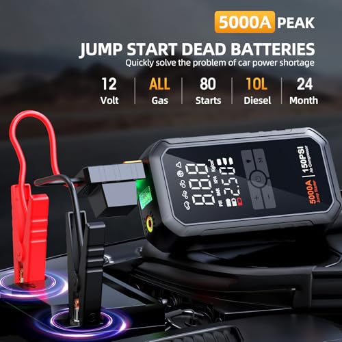 10-in-1 Car Jump Starter with Air Compressor 5000A 150PSI (All Gas/Diesel) Portable Jumper Cable, LCD Display, LED Light