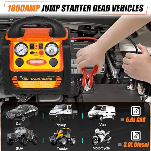 1800 Peak Amp 6in1 Jump Starter with Air Compressor & Inverter (1800A)