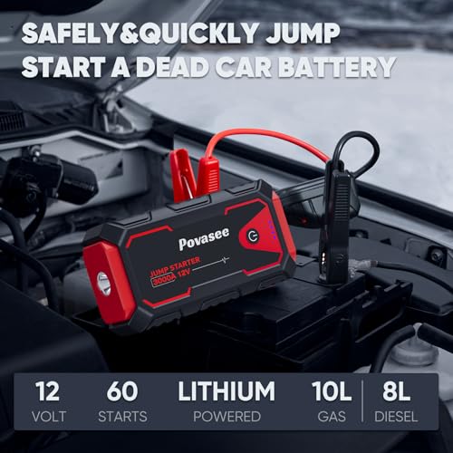 3000A Peak Jump Starter 12V Battery Pack for Cars Diesel and Gas Engines (10L/8L) with Power Bank and LED Light