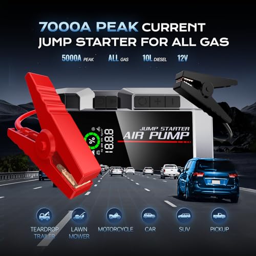 Portable Car Jump Starter, Air Compressor & Tire Inflator - Gas & Diesel Vehicles (Up to 10.0L)