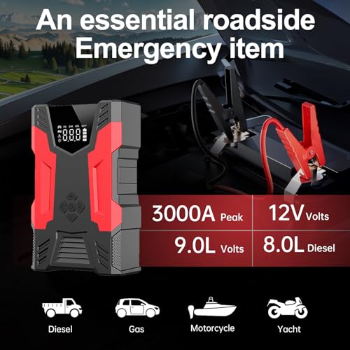 3000A Emergency Jump Starter with Air Compressor -22°F Cold Start & Tire Inflator